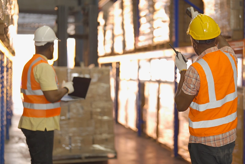 Workmen, working in a warehouse whth hi-vis vests.